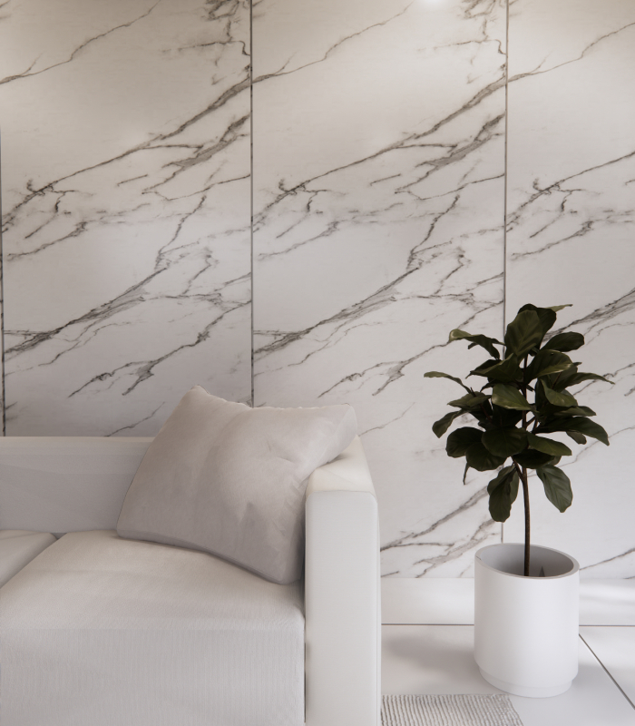 Revêtement mural en faïence effet marbre dans intérieur moderne avec canapé